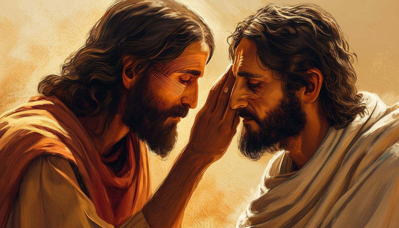 Jesus touching a blind mans eyes to give him sight-1