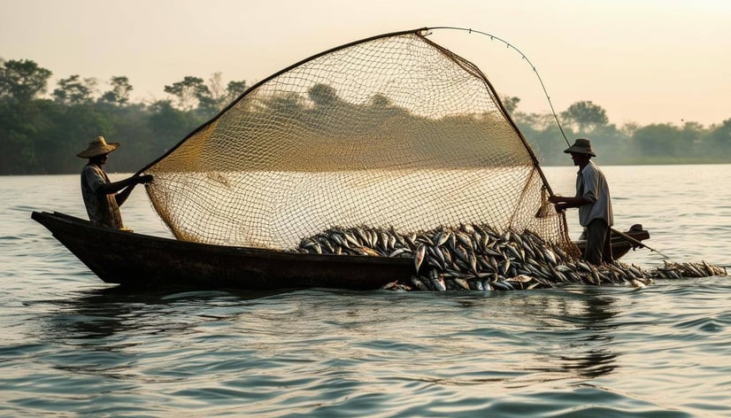 Men in a boat fishing with a net and catching a huge number of fish