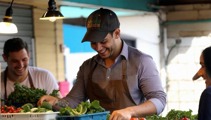 People doing everyday tasks with smiles and light shining down