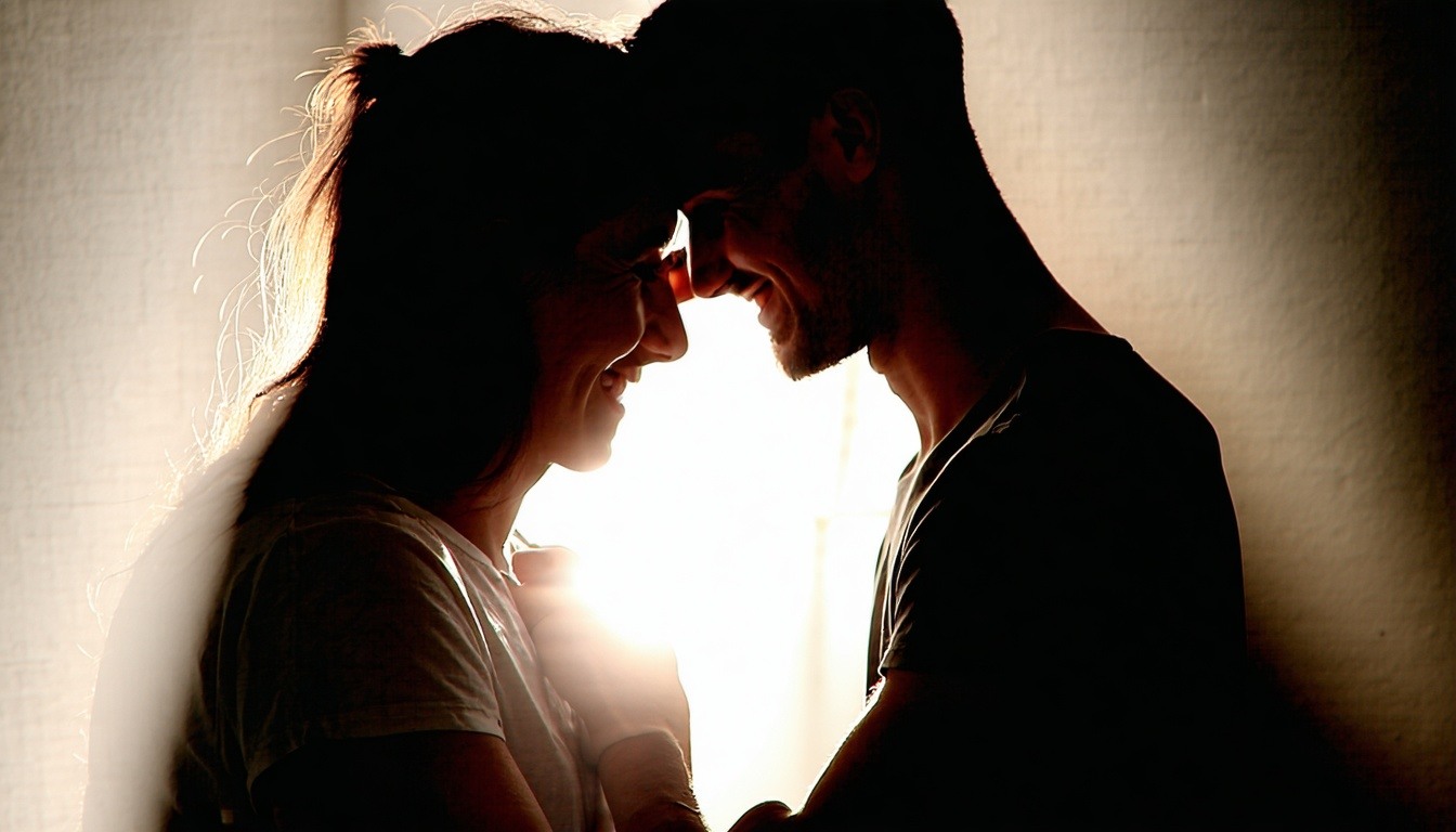 People hugging each other with light shining down