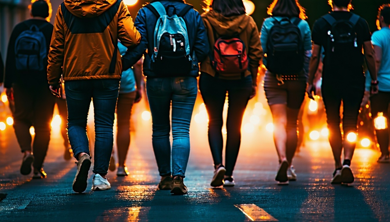 People walking together arm in arm with light shining all around