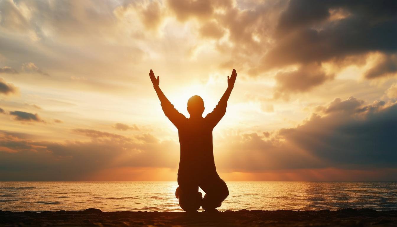 Person praying and kneeling with arms raised