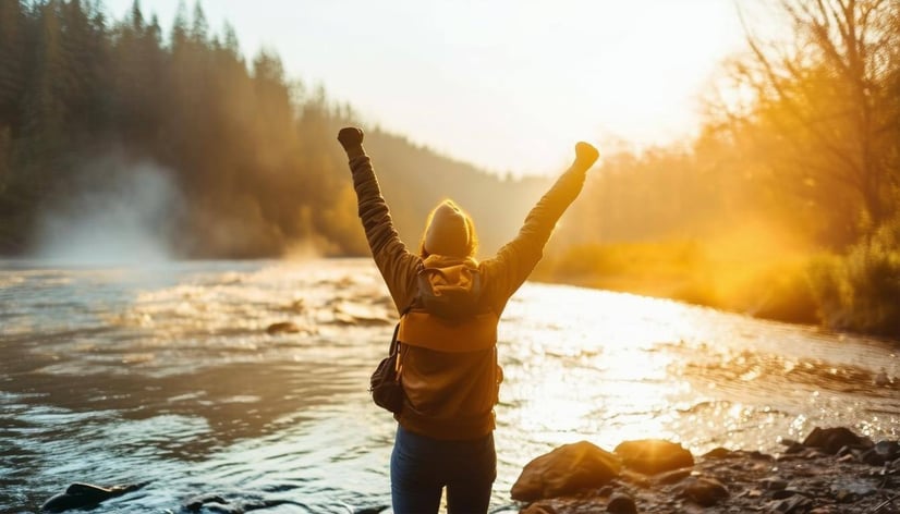 Person standing by a river celebrating a victory