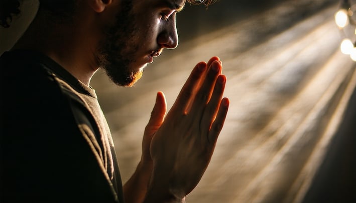 close up of person praying with light all around