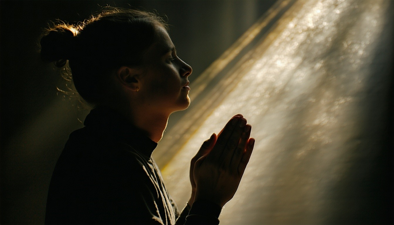 close up of person praying with light shining down from above